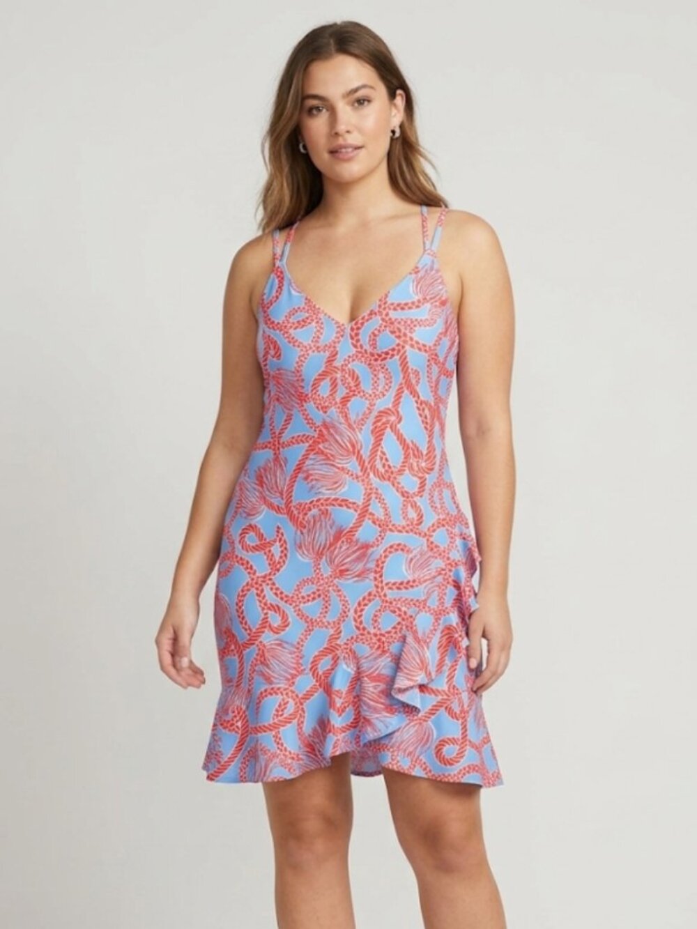 Gretchen Scott Blue Red Rope Strap Ruffled Dress Resortwear Coastal Chic Size M
